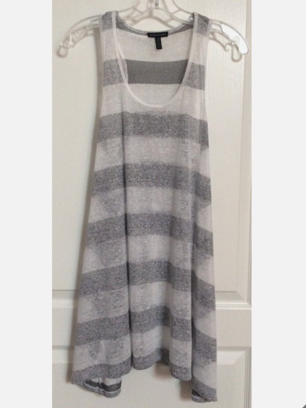 Eileen Fisher Organic Linen Gray Striped Relaxed Transparent Knit Tank Top M FX1